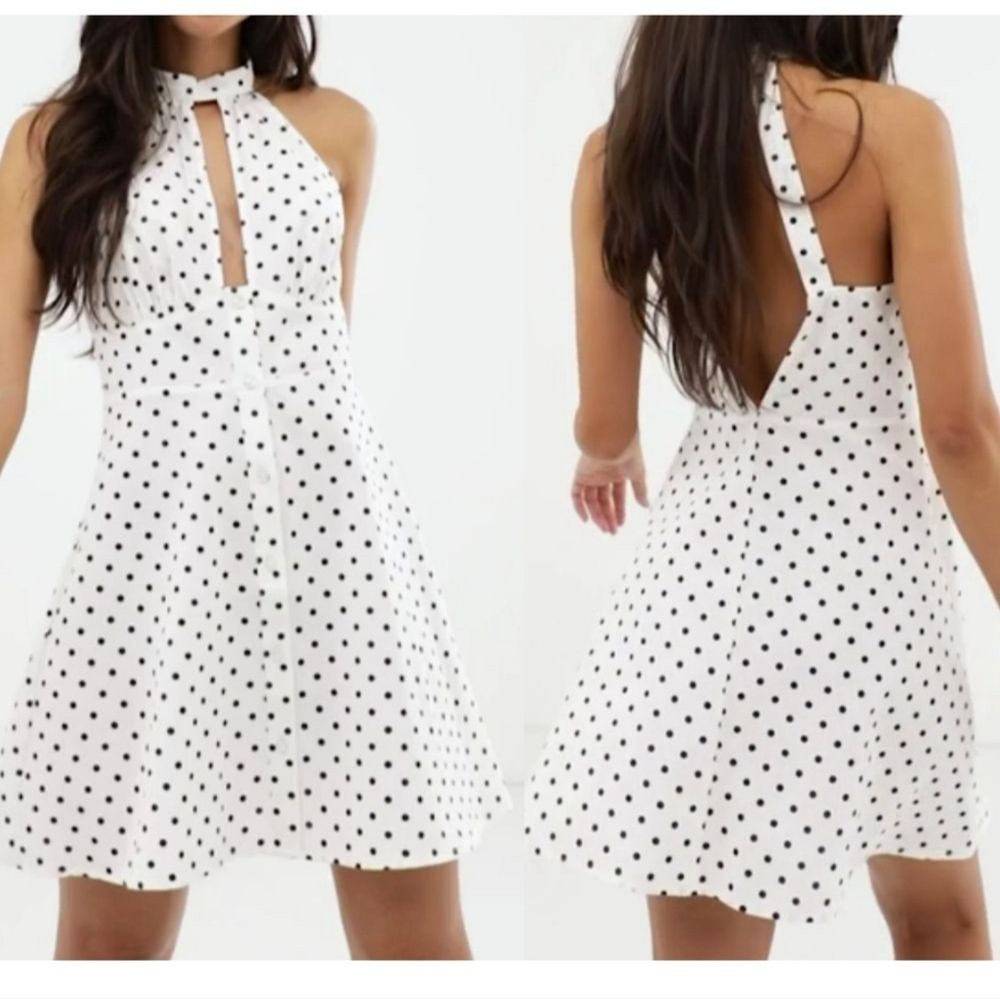 ASOS Petite Halter Neck Button Through Mini Sundress Spot Polka Dot US 12